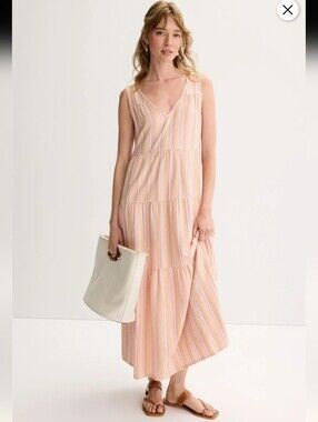 Marine Layer Tiered Maxi Dress Seersucker Cream Pink Stripe Size XL Beach Summer